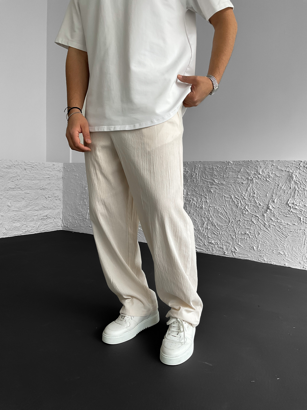 Ekru Pileli Krinkıl Keten Pantolon G-5213