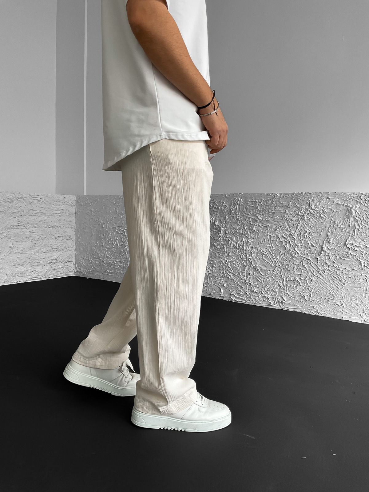 Ekru Pileli Krinkıl Keten Pantolon G-5213