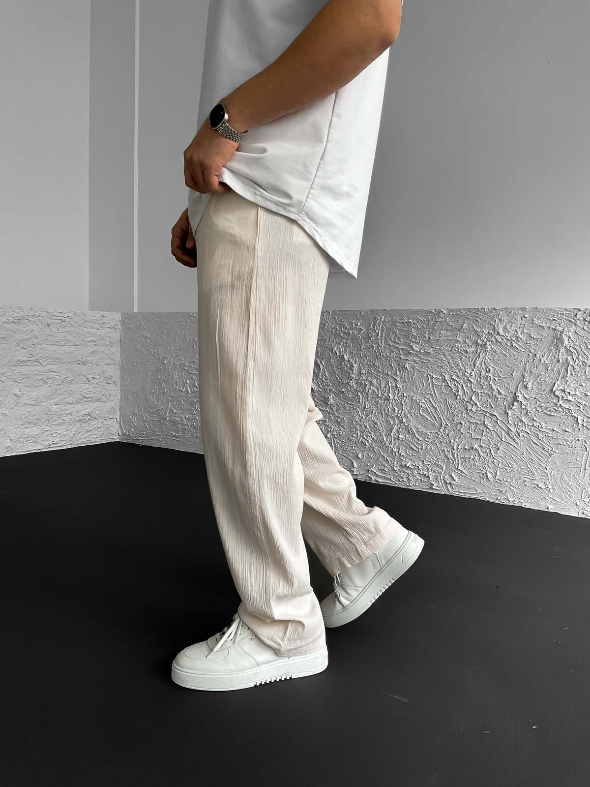 Ekru Pileli Krinkıl Keten Pantolon G-5213