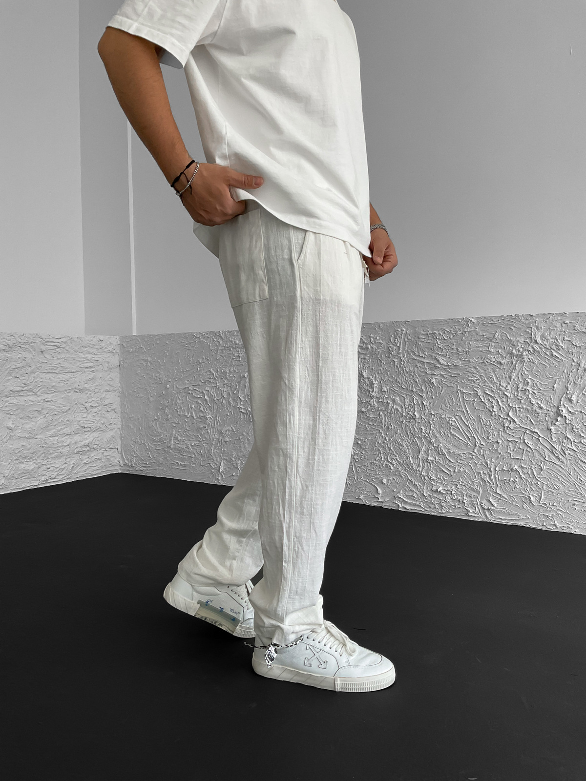 Ekru Pileli Baggy Keten Pantolon V-30-335