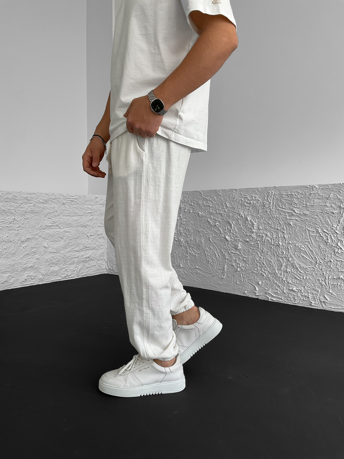 Ekru Paçası Lastikli Keten Pantolon V-30-337