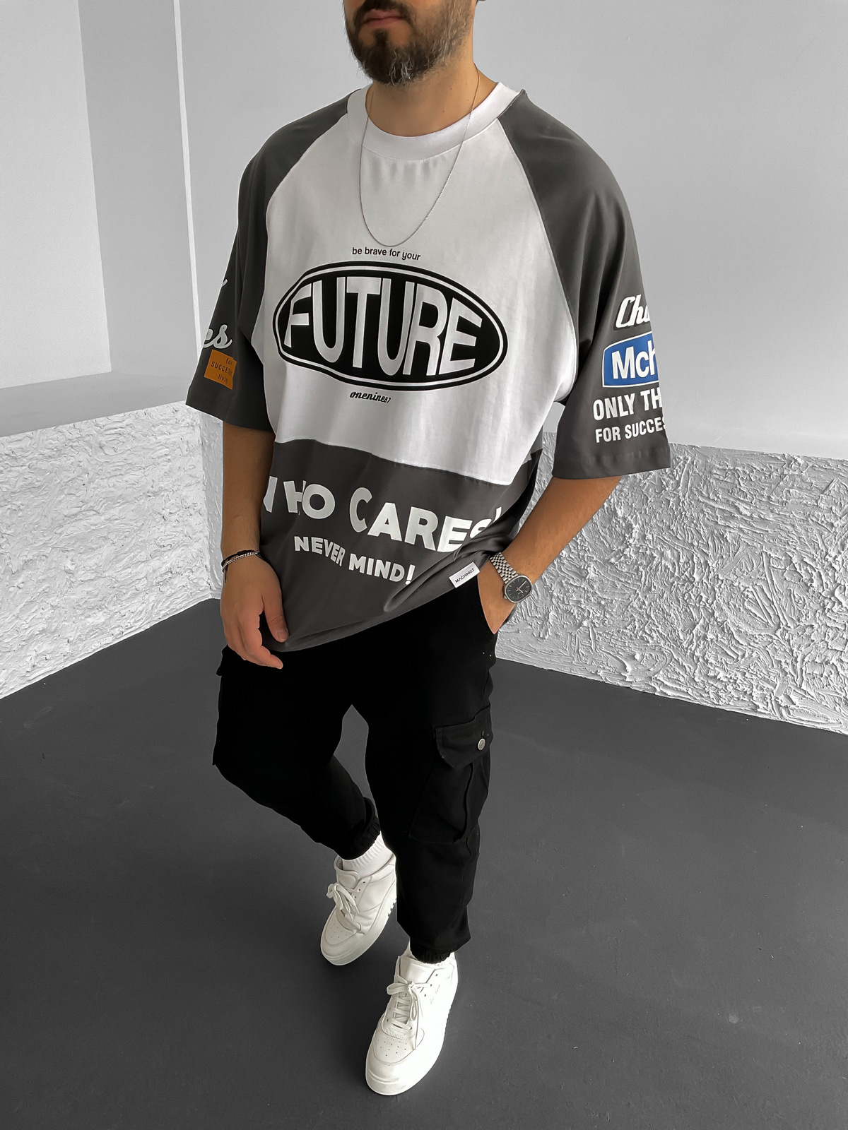 Antrasit Future Baskılı Oversize T-Shirt M-1808
