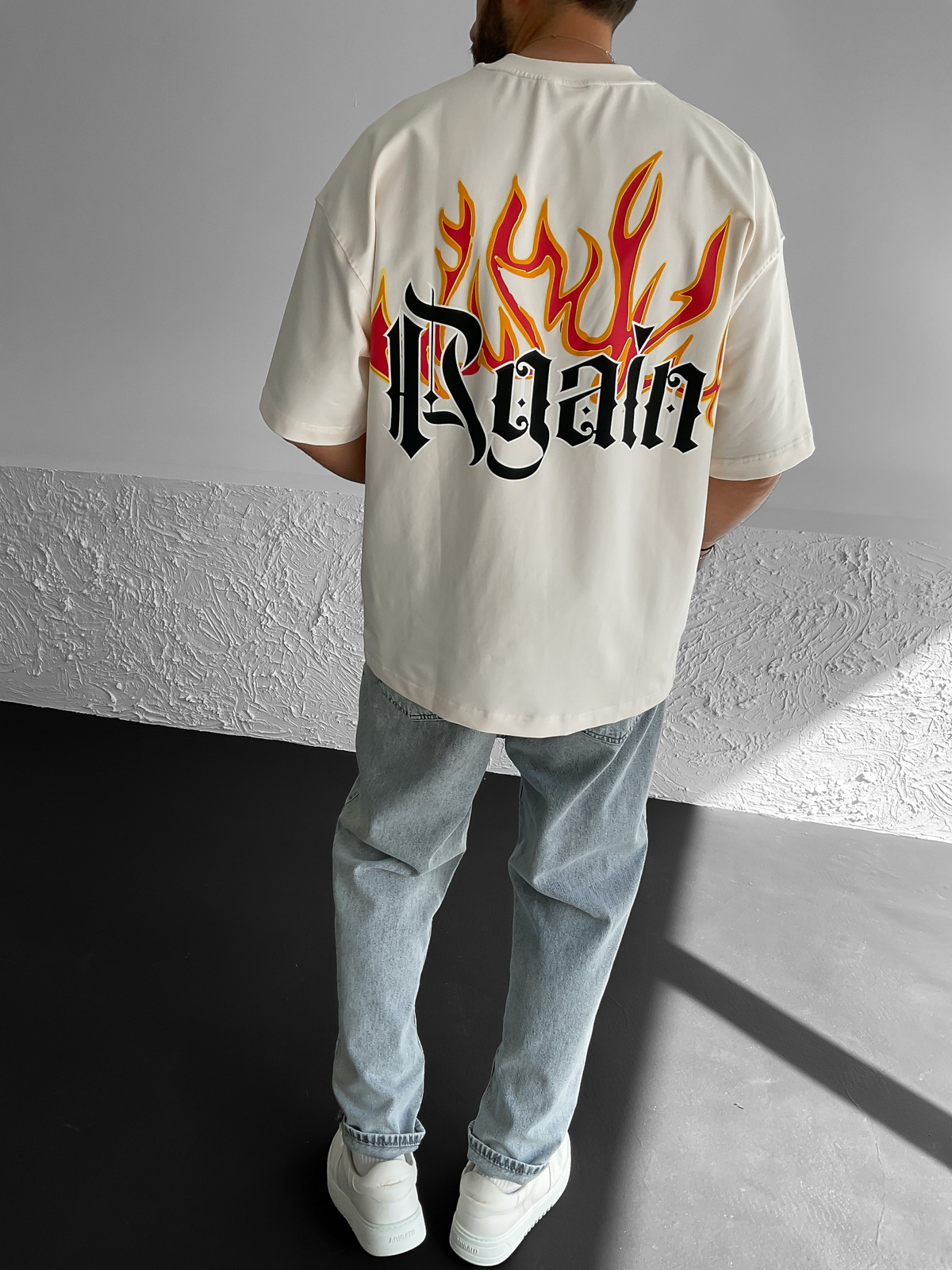 Bej Flame Baskılı Oversize T-Shirt M-1819
