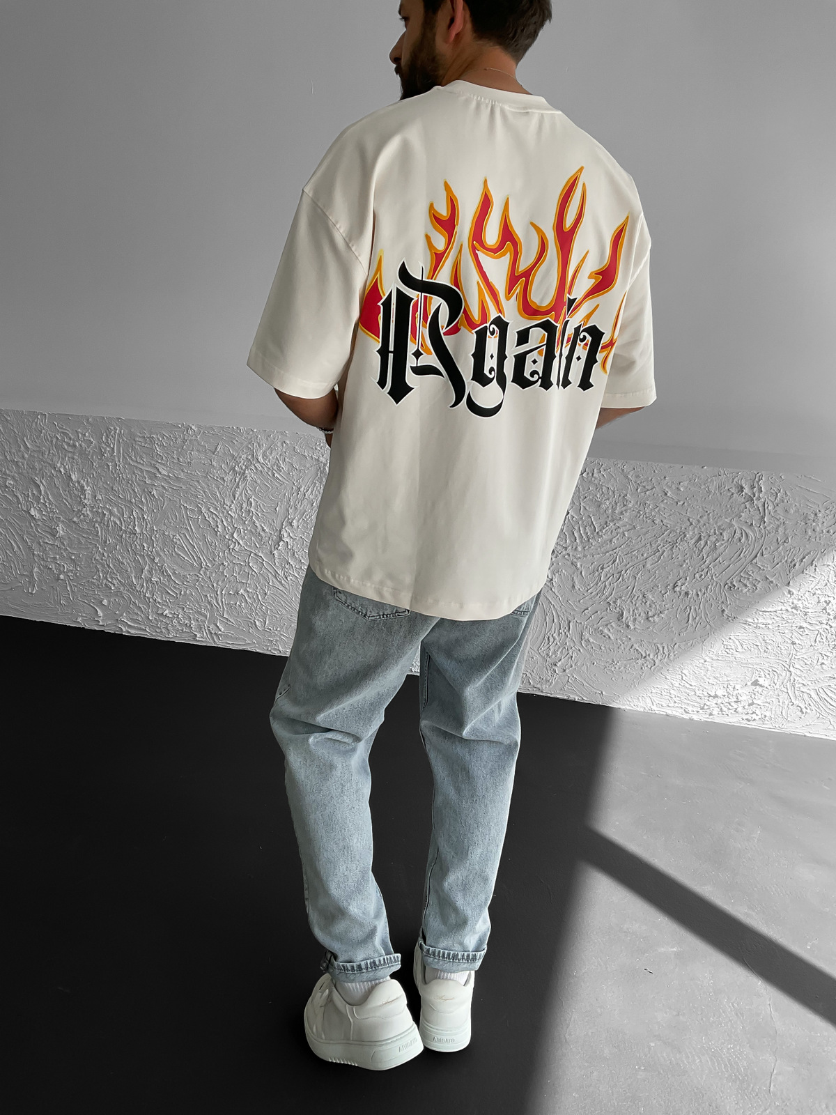 Bej Flame Baskılı Oversize T-Shirt M-1819