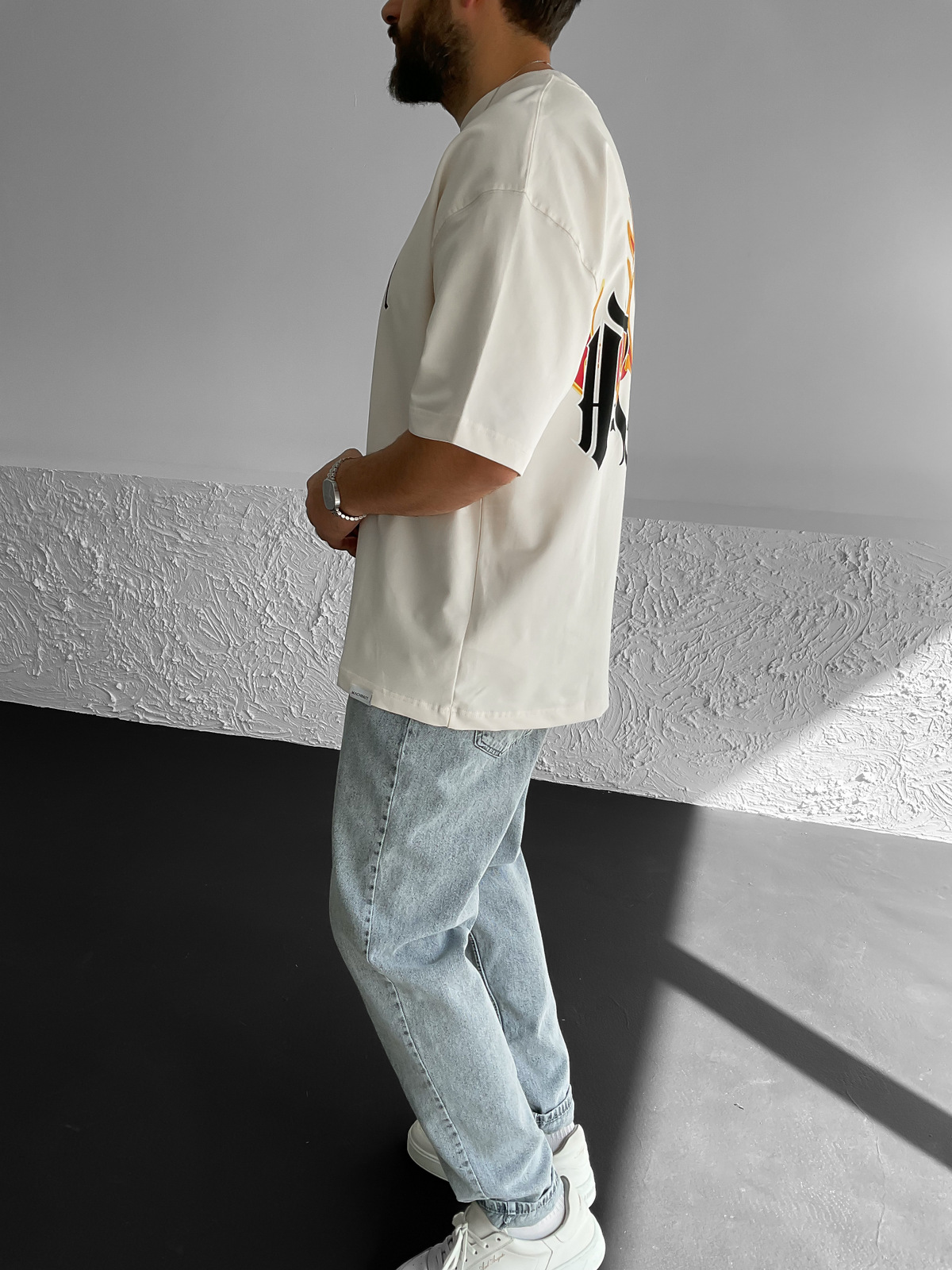 Bej Flame Baskılı Oversize T-Shirt M-1819