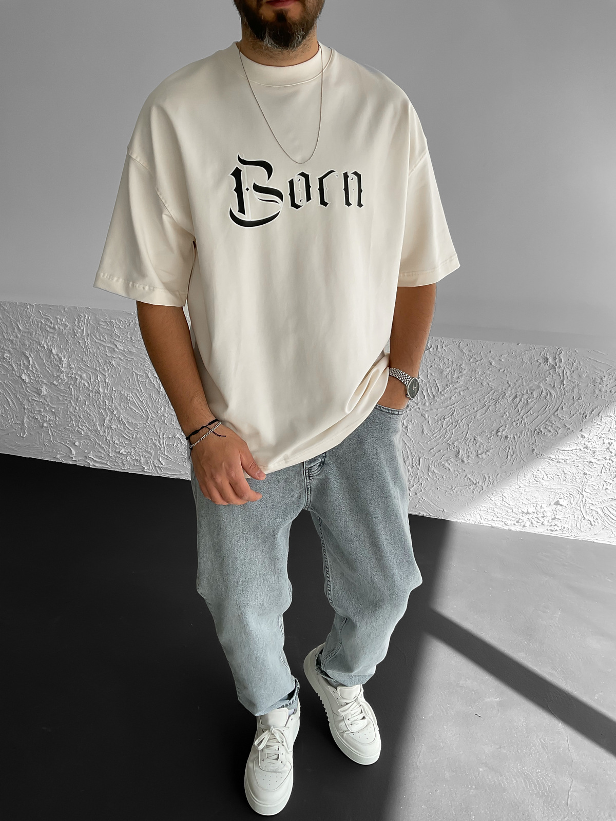 Bej Flame Baskılı Oversize T-Shirt M-1819