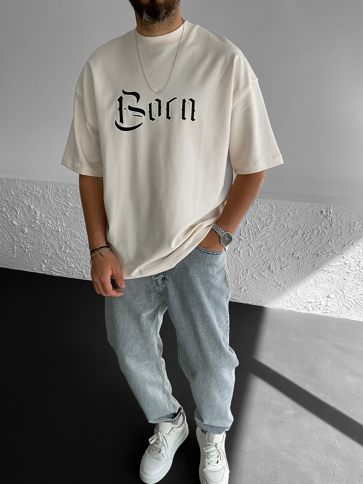 Bej Flame Baskılı Oversize T-Shirt M-1819