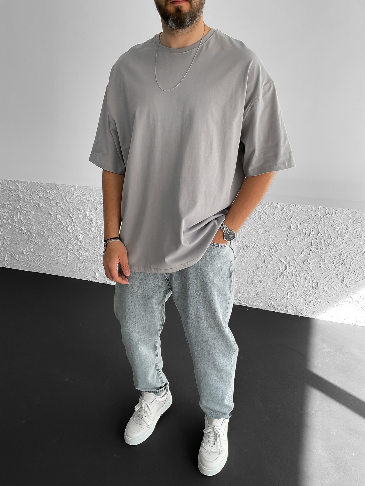 Ice Gri Yırtmaçlı Basic Oversize T-Shirt BY-1268