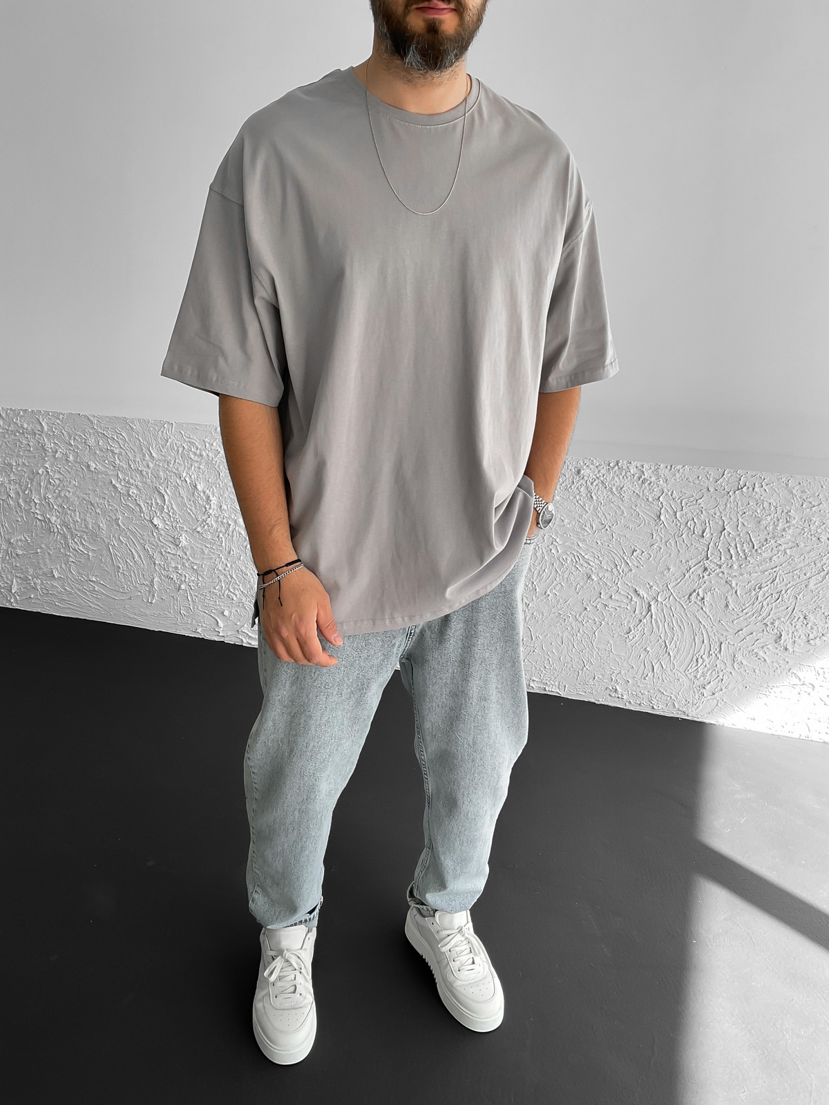 Ice Gri Yırtmaçlı Basic Oversize T-Shirt BY-1268