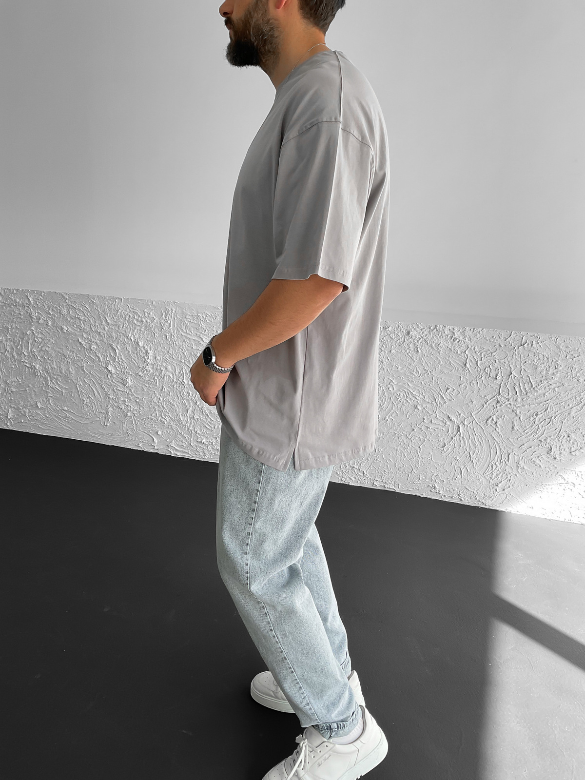 Ice Gri Yırtmaçlı Basic Oversize T-Shirt BY-1268