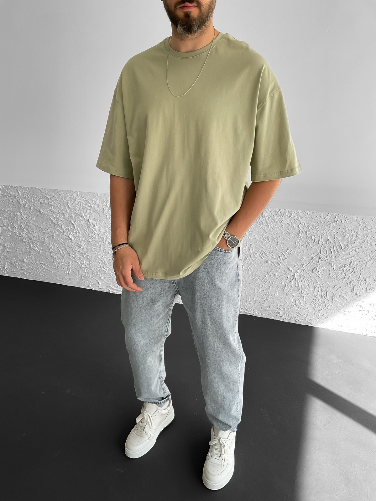 Açık Haki Yırtmaçlı Basic Oversize T-Shirt BY-1268