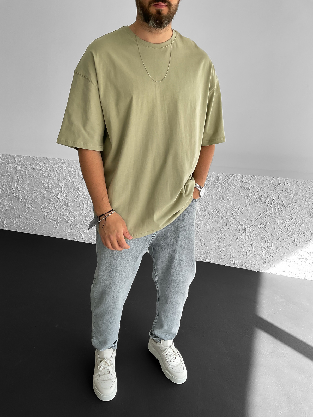 Açık Haki Yırtmaçlı Basic Oversize T-Shirt BY-1268
