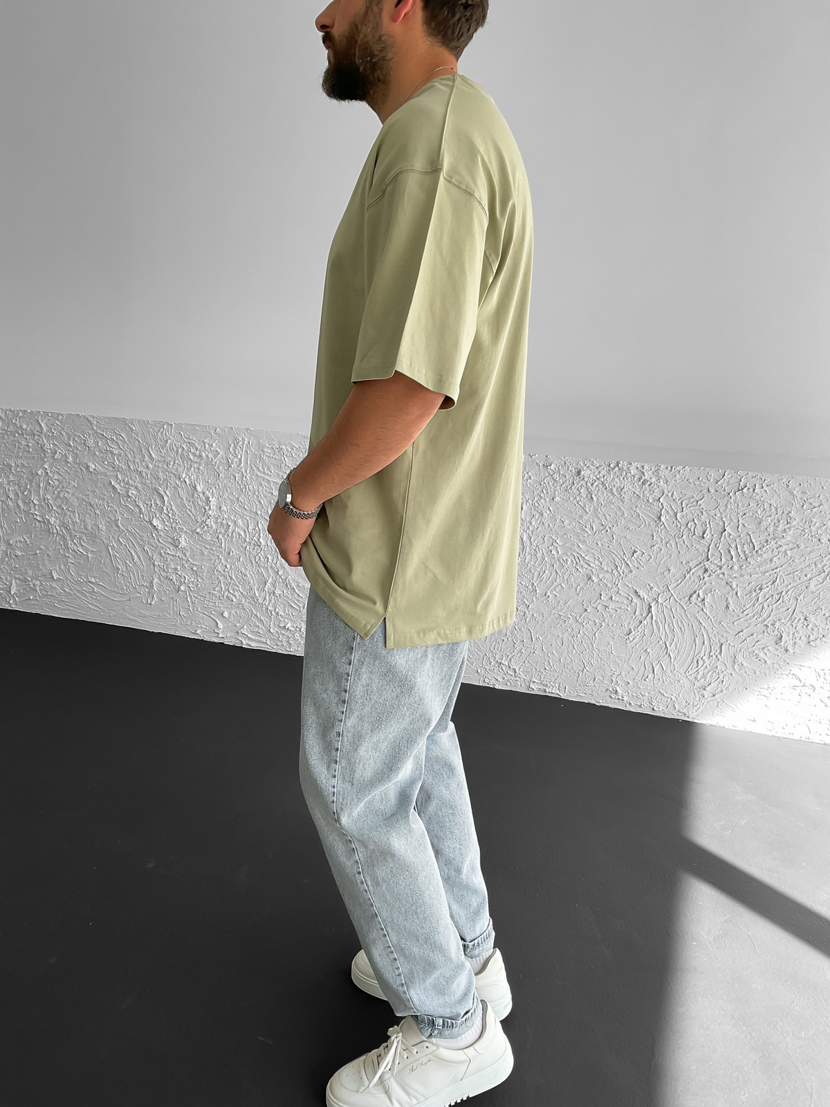 Açık Haki Yırtmaçlı Basic Oversize T-Shirt BY-1268