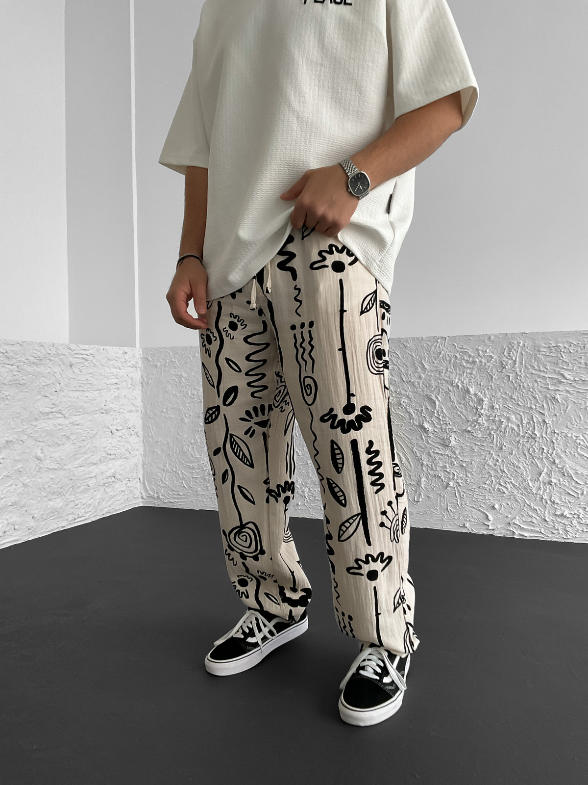 Ekru Desenli Müslin Kumaş Pantolon G-5226