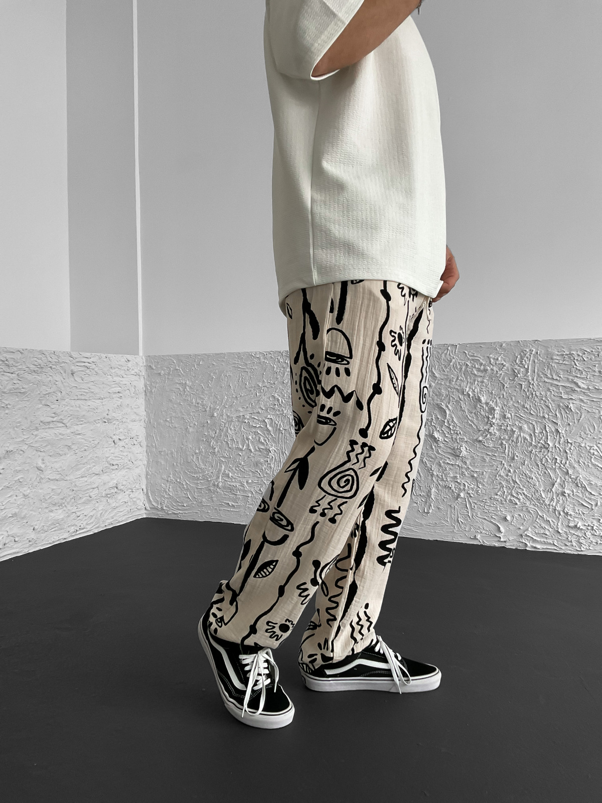 Ekru Desenli Müslin Kumaş Pantolon G-5226