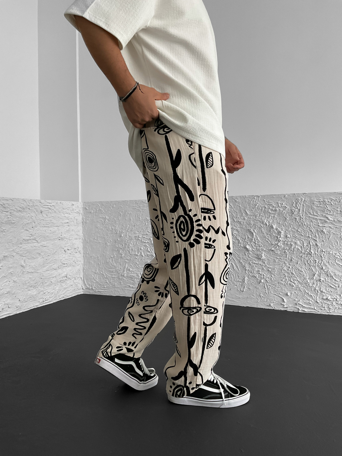 Ekru Desenli Müslin Kumaş Pantolon G-5226