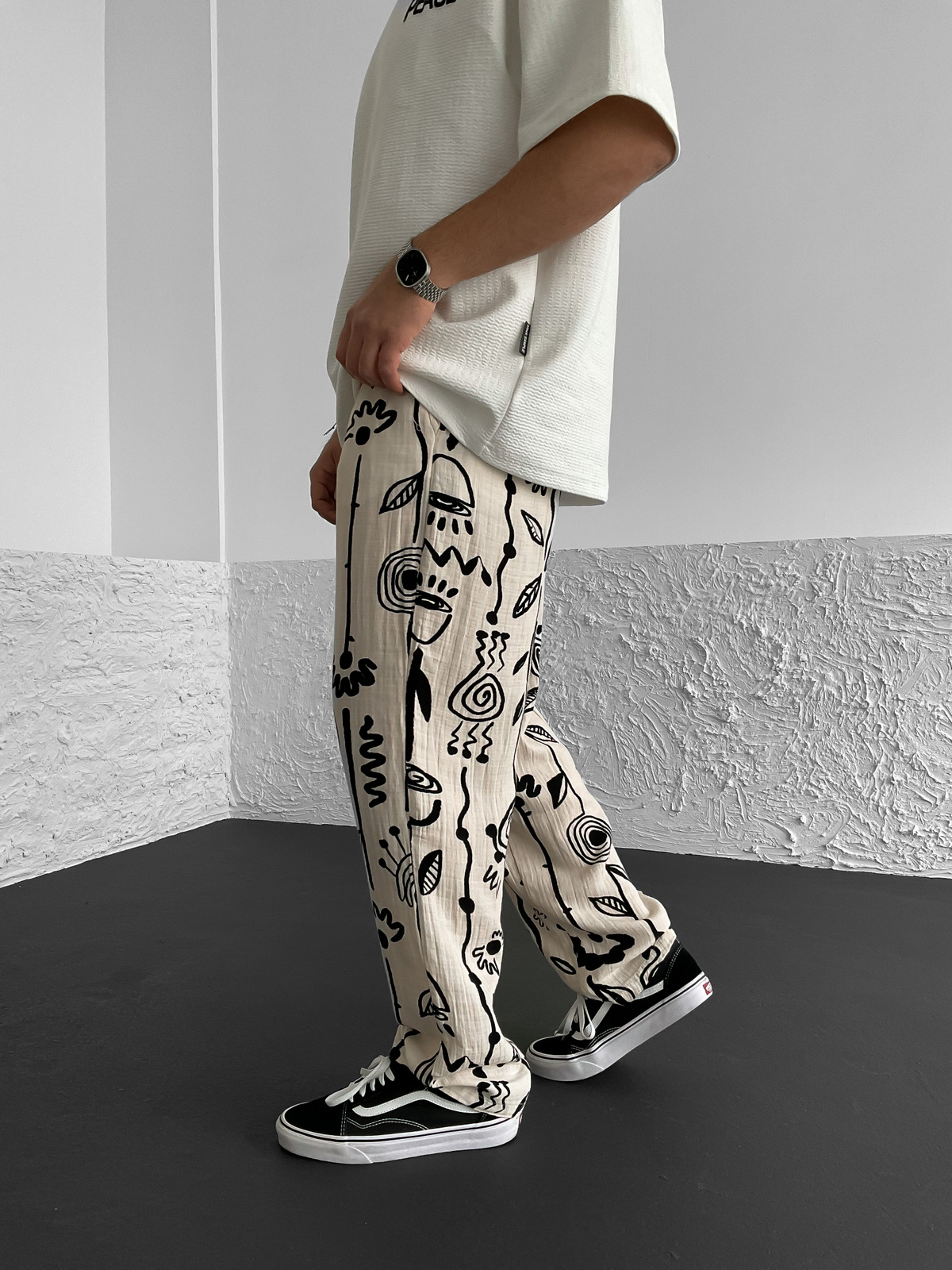 Ekru Desenli Müslin Kumaş Pantolon G-5226