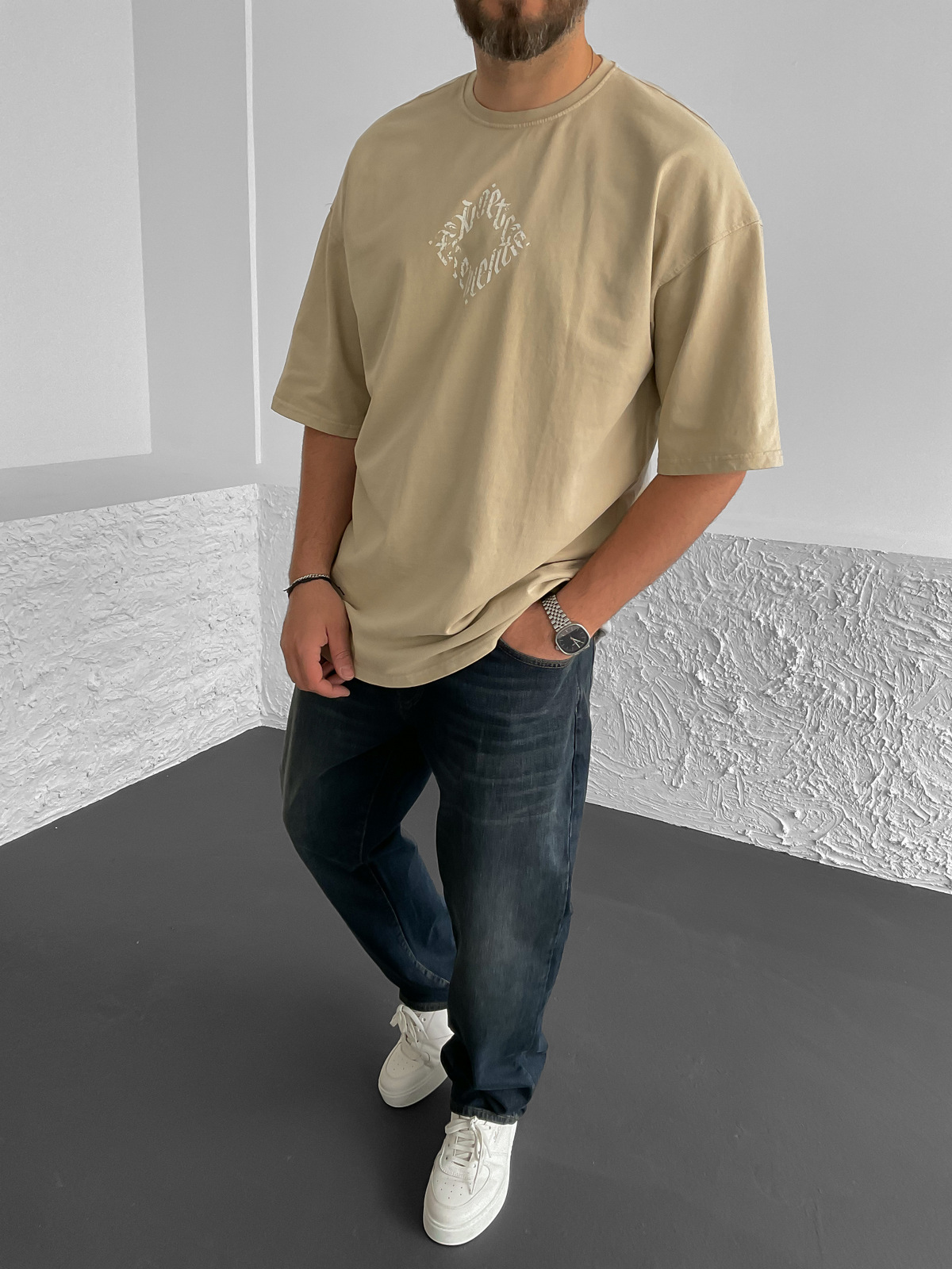 Bej Element Yıkamalı Oversize T-Shirt RL-22085