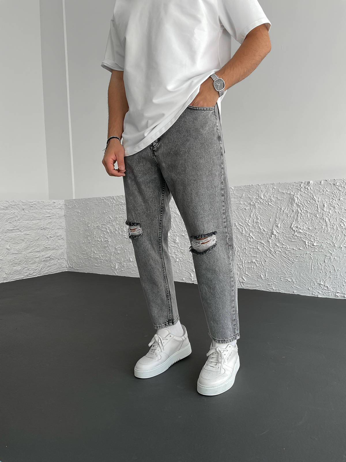 Gri Çift Yırtıklı Boyfriend WE-1603