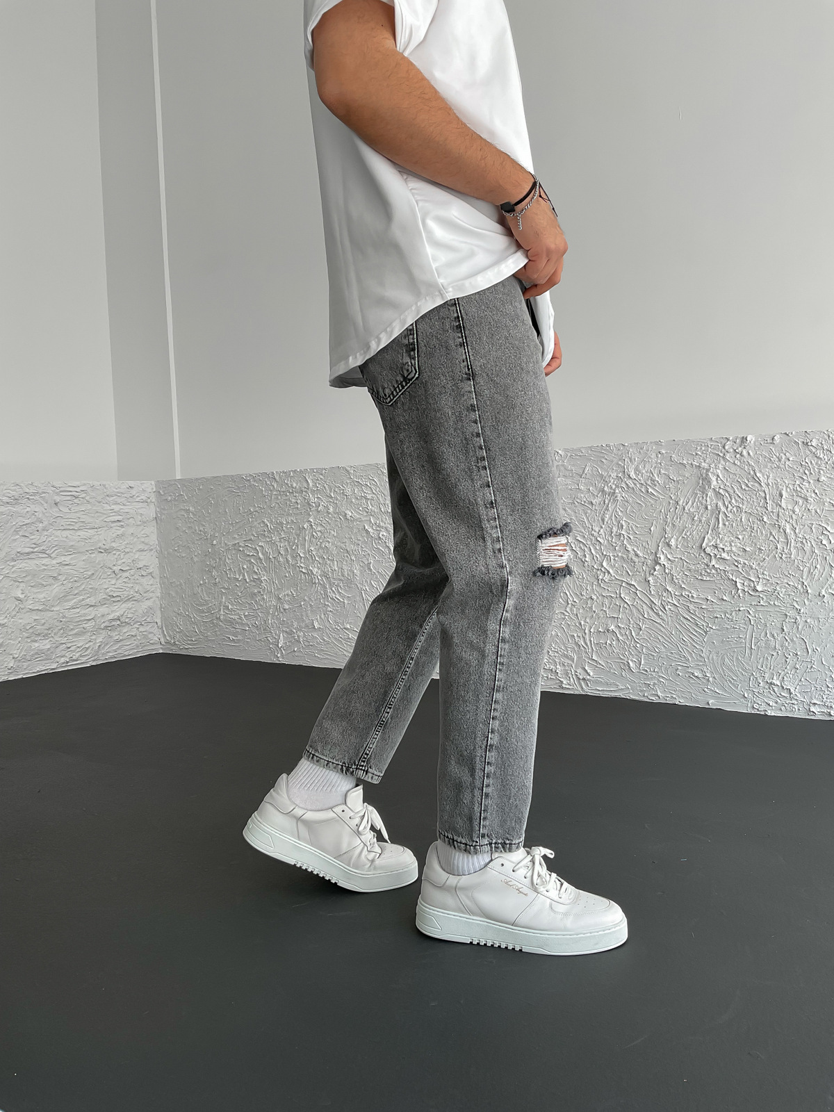 Gri Çift Yırtıklı Boyfriend WE-1603