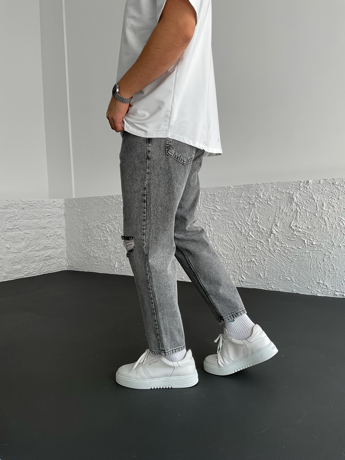 Gri Çift Yırtıklı Boyfriend WE-1603