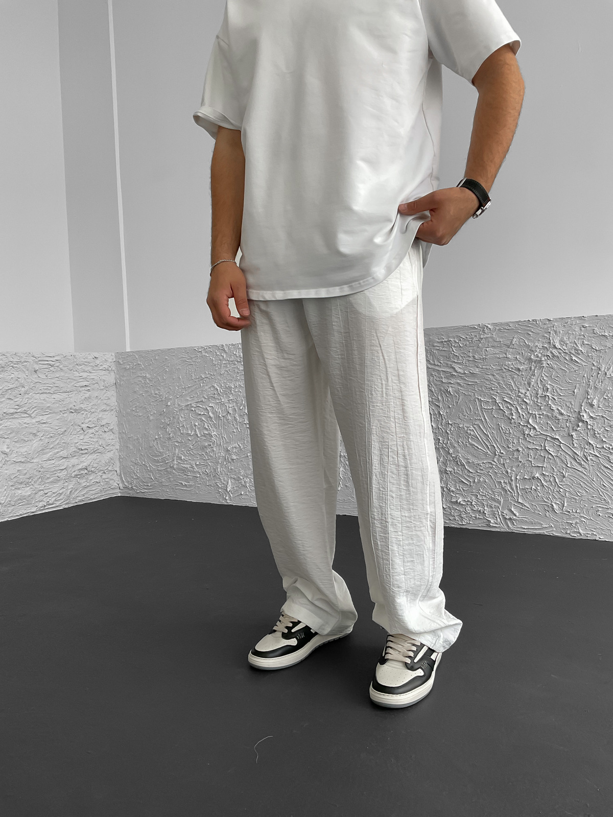 Beyaz Çilek Kumaş Baggy Pantolon G-5232