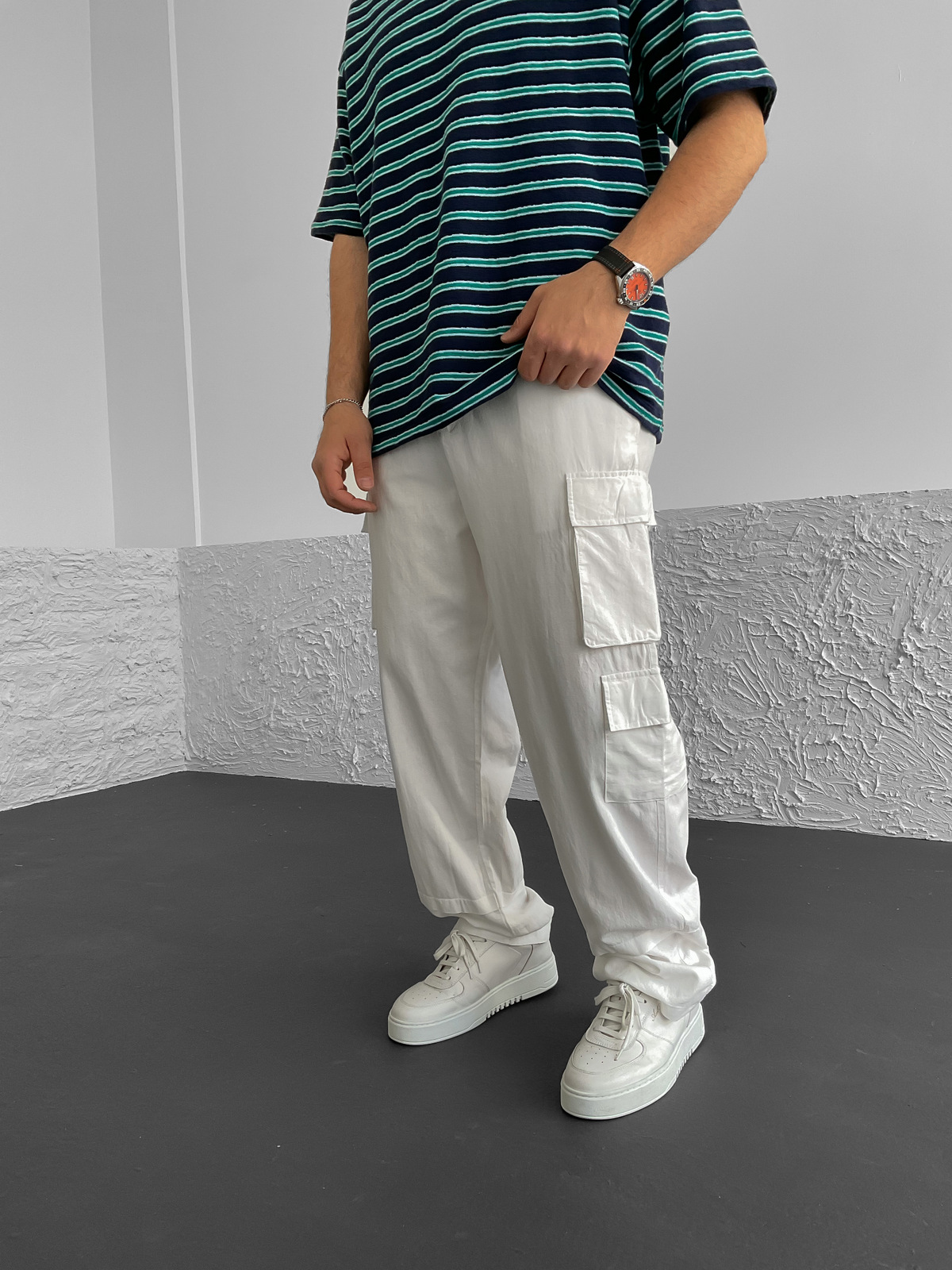 Beyaz Kargo Cepli Keten Pantolon G-5250