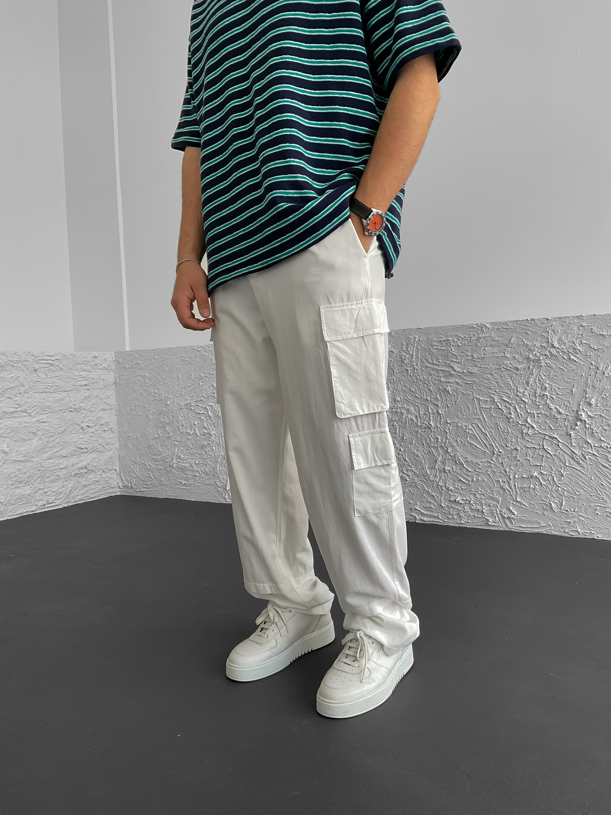 Beyaz Kargo Cepli Keten Pantolon G-5250