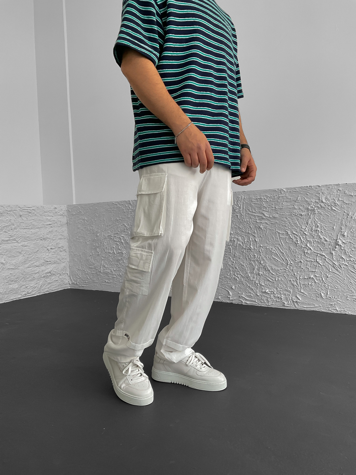 Beyaz Kargo Cepli Keten Pantolon G-5250