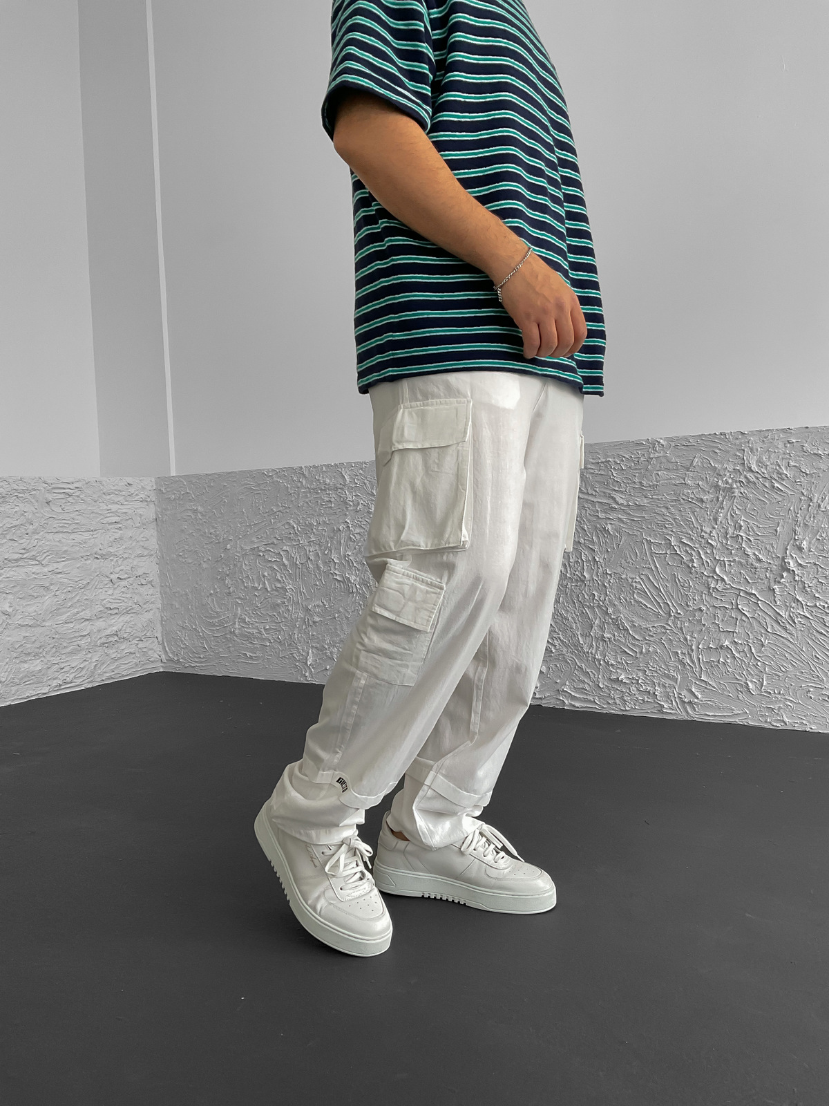 Beyaz Kargo Cepli Keten Pantolon G-5250