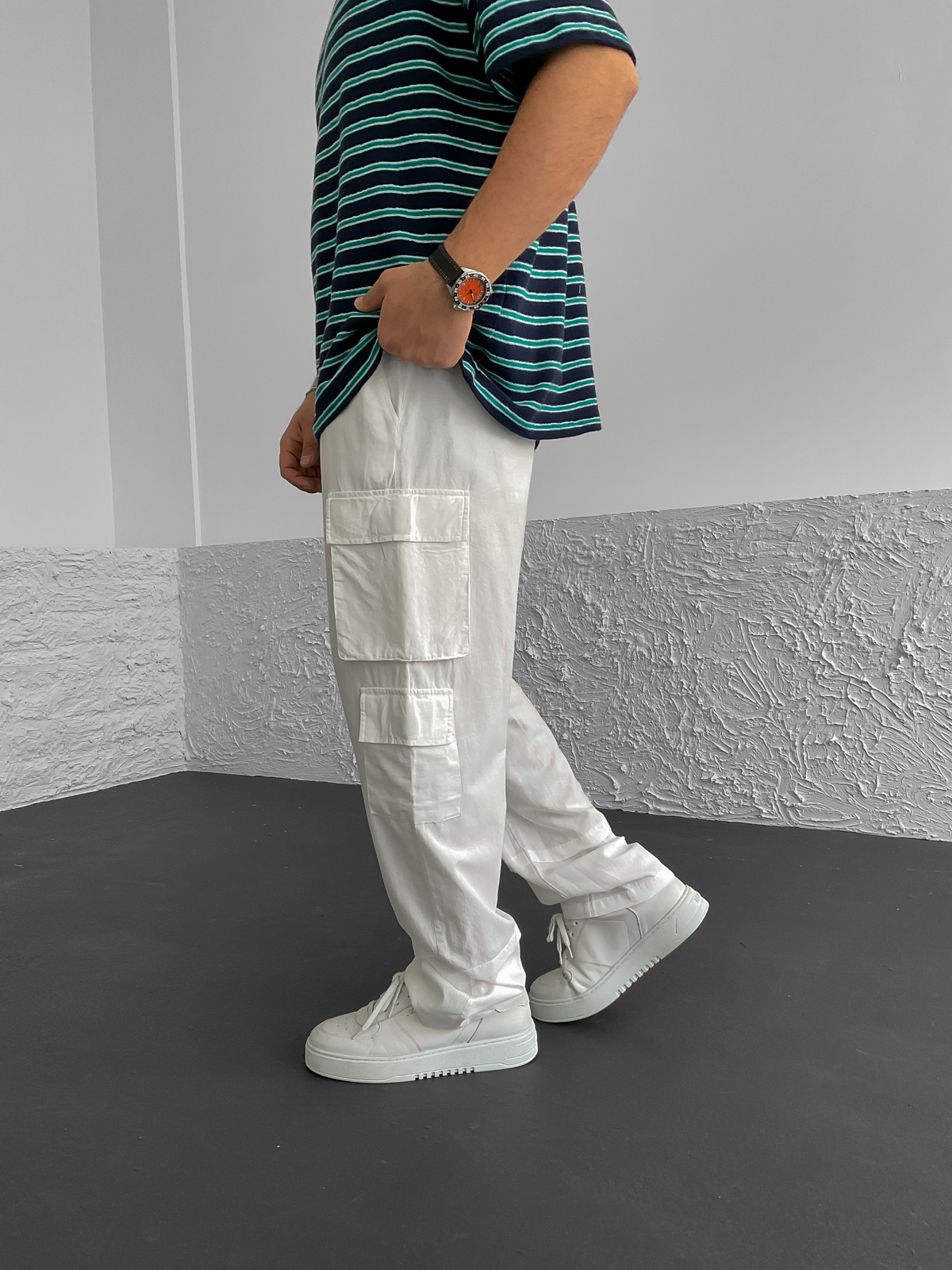 Beyaz Kargo Cepli Keten Pantolon G-5250