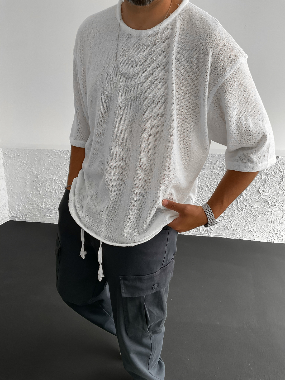 Beyaz Triko Oversize T-Shirt C-1644