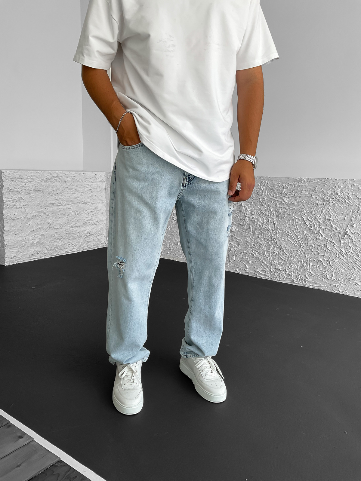 Buz Mavisi Yıkamalı Yırtıklı Baggy Jean GJ-15560