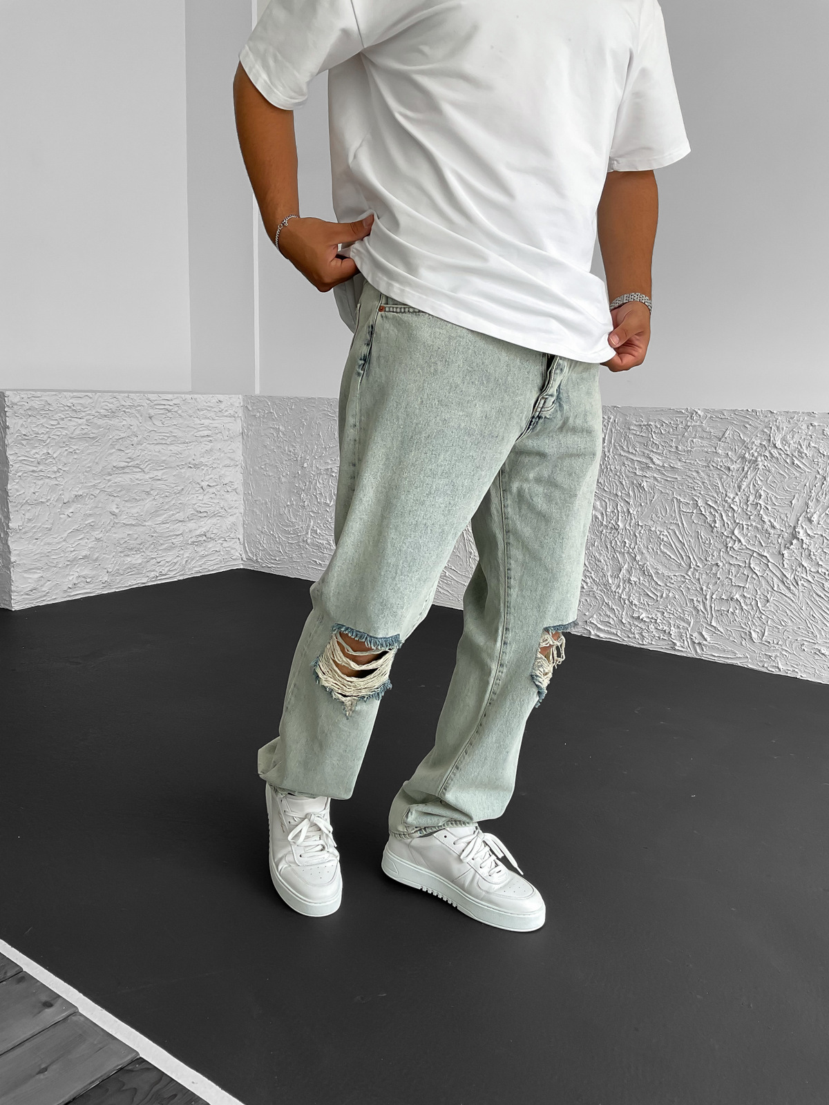 Açık Mavi Eskitme Yırtıklı Baggy Jean GJ-15599