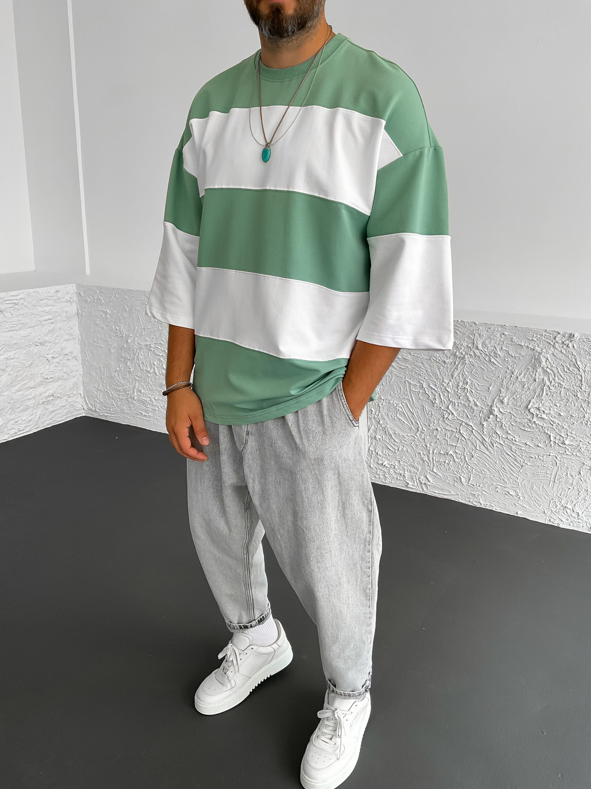 Yeşil Garnili Oversize T-Shirt B-1040