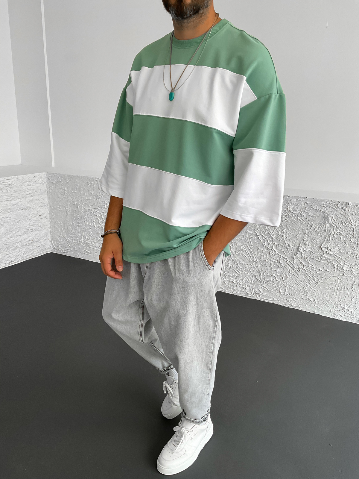 Yeşil Garnili Oversize T-Shirt B-1040