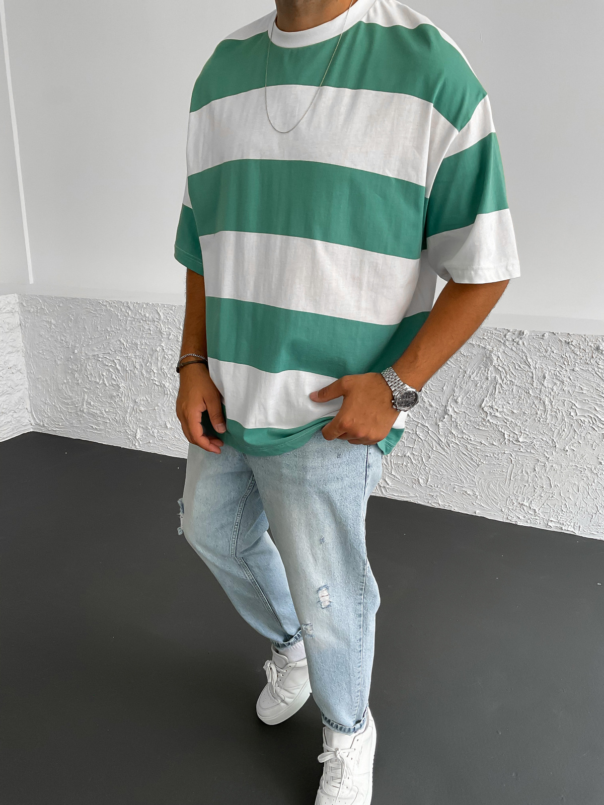 Yeşil Şeritli Oversize T-Shirt BS-034