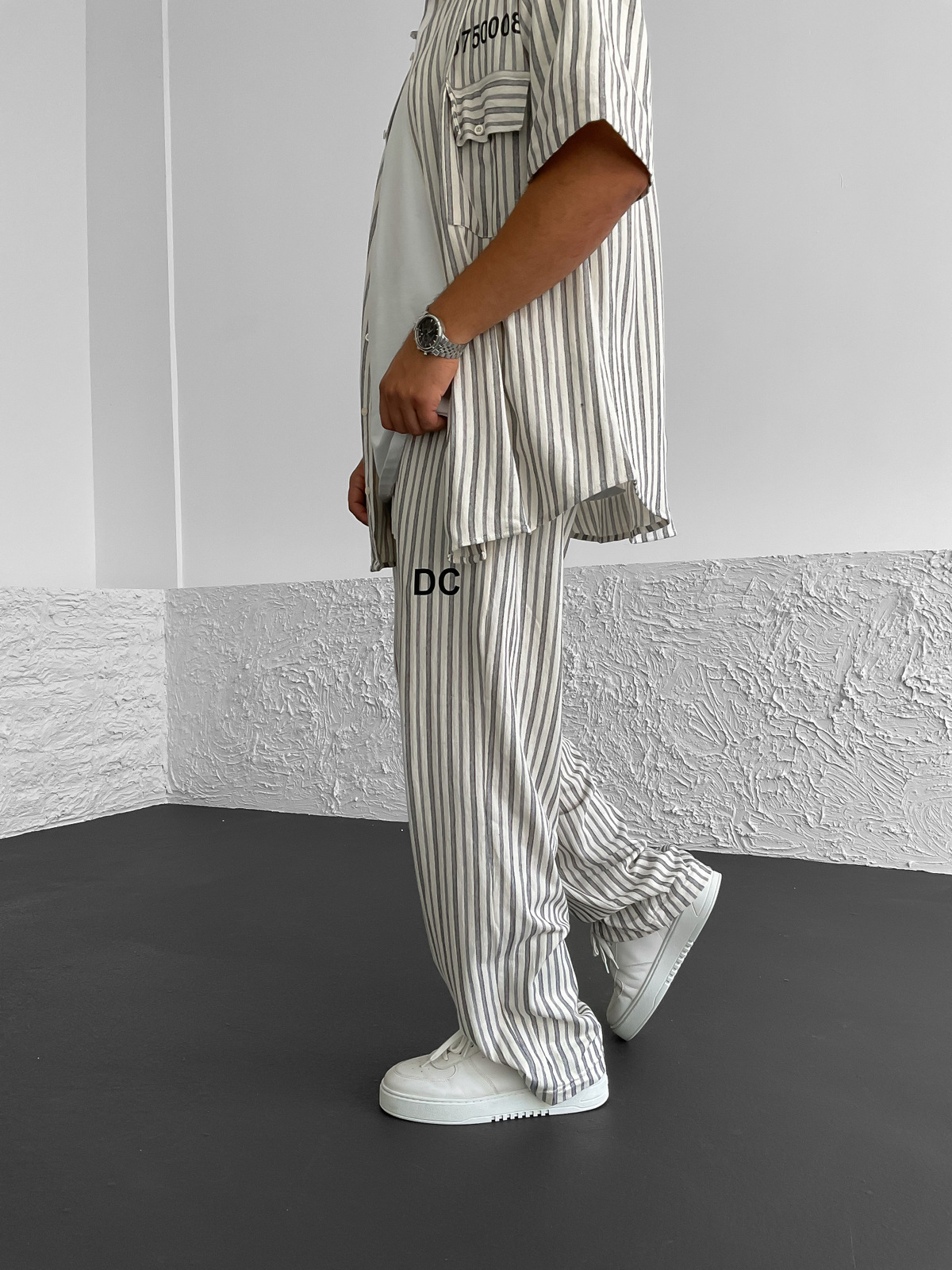 Ekru Baskılı Çizgili Keten Pantolon BS-044