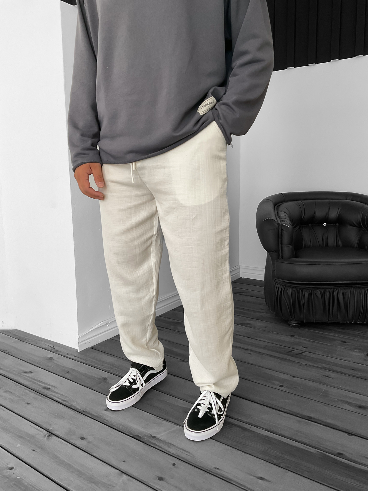 Ekru Boru Paça Keten Pantolon YP-3002