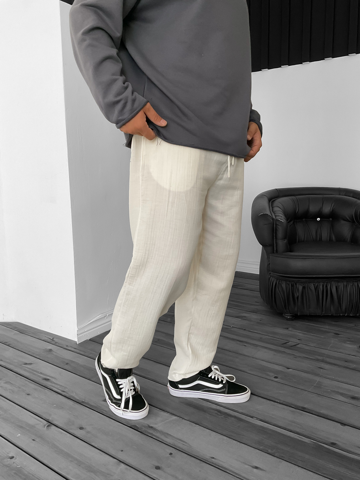Ekru Boru Paça Keten Pantolon YP-3002