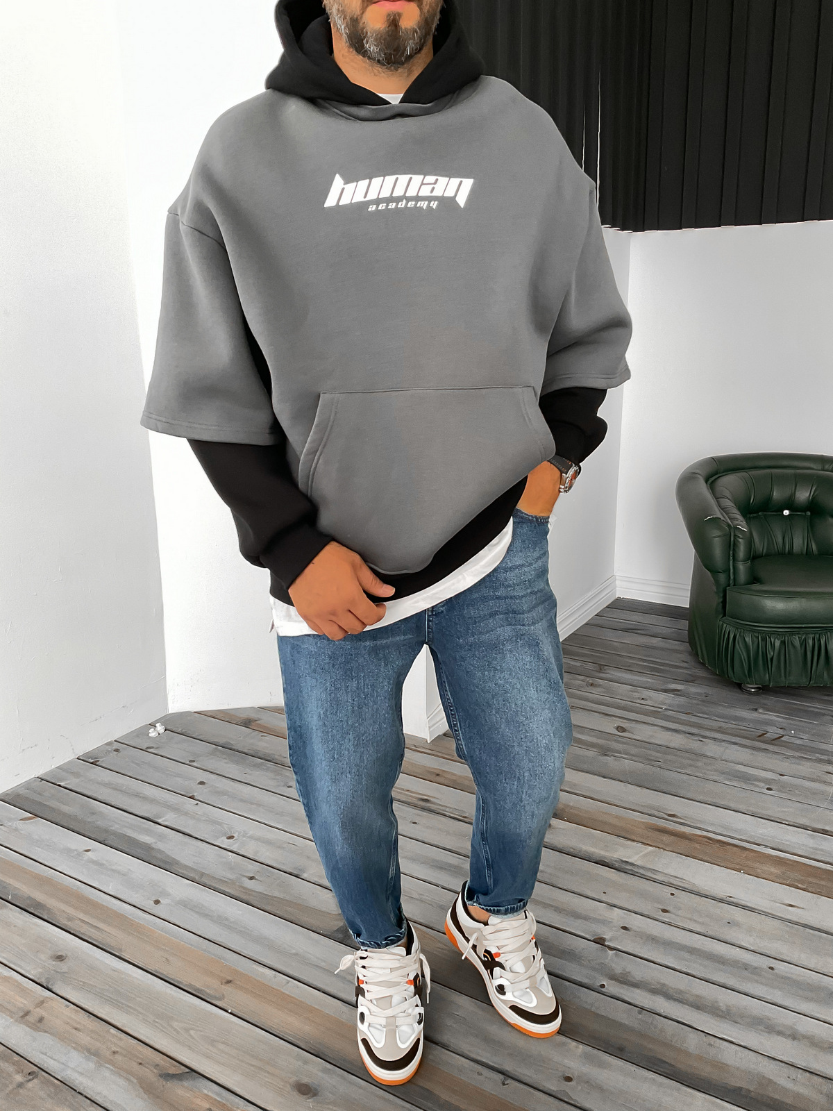 Füme Human Baskılı Kapüşonlu Sweat V-30-844