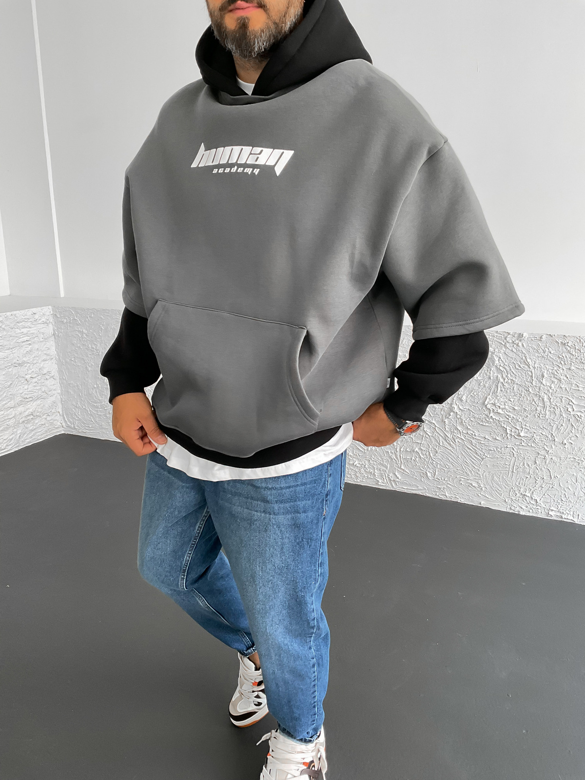 Füme Human Baskılı Kapüşonlu Sweat V-30-844