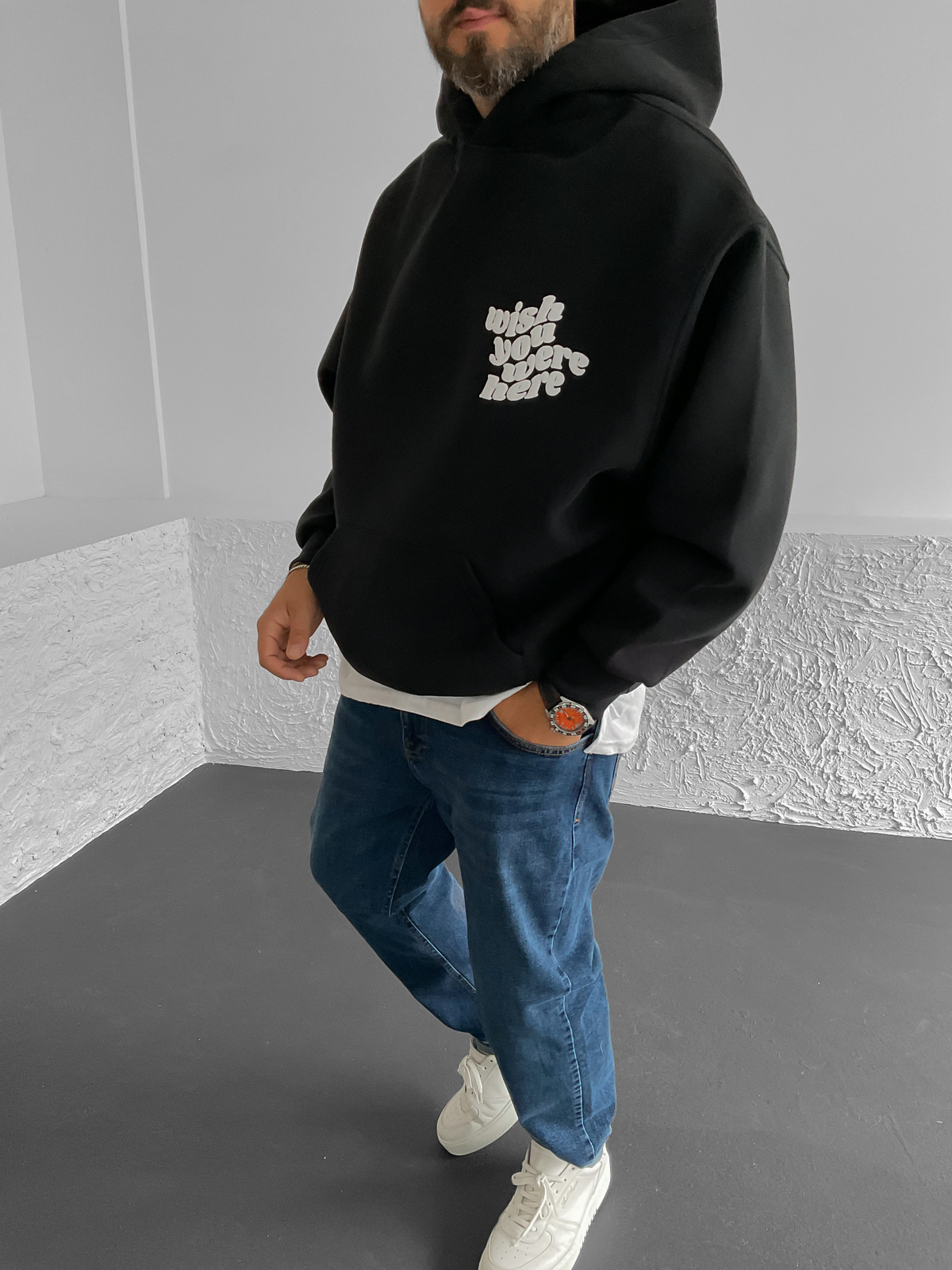 Siyah Wish Baskılı Kapüşonlu Sweat C-542