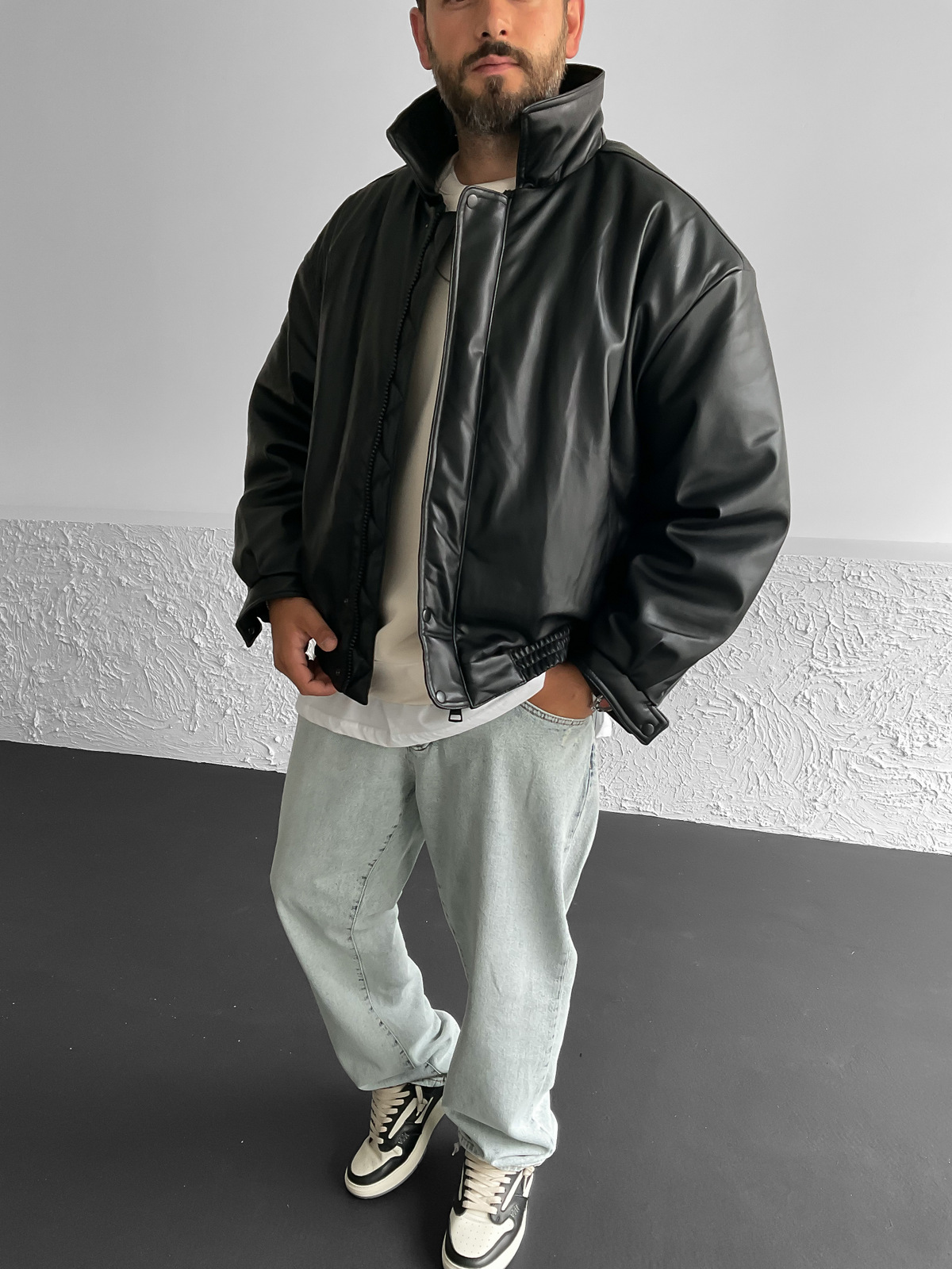 Siyah Oversize Deri Bomber Ceket V-30-927