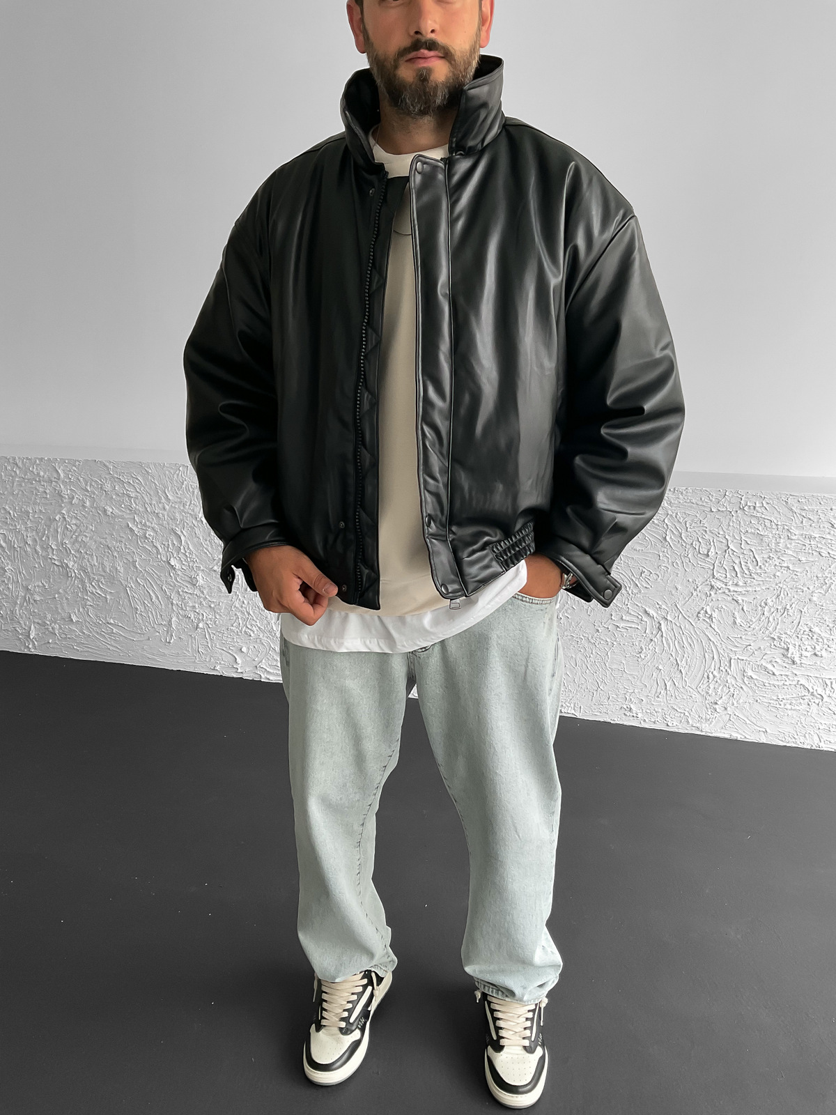 Siyah Oversize Deri Bomber Ceket V-30-927