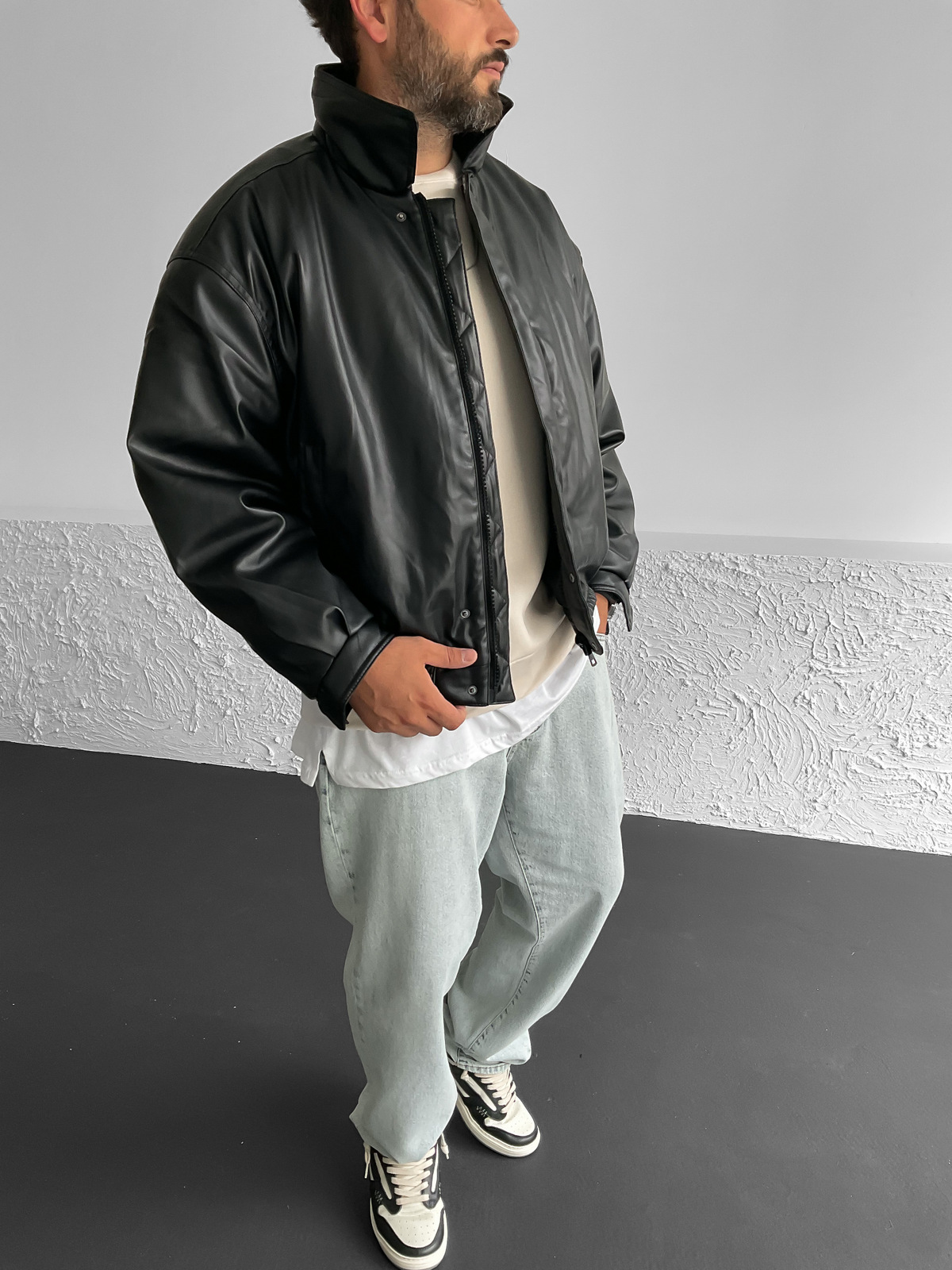 Siyah Oversize Deri Bomber Ceket V-30-927