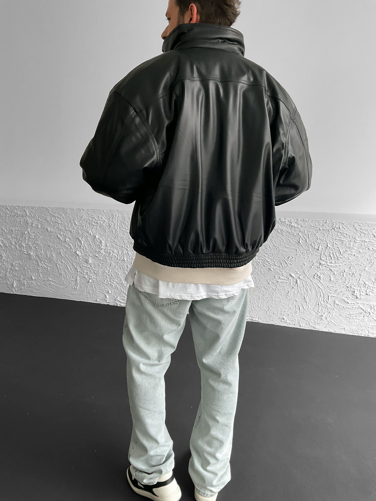 Siyah Oversize Deri Bomber Ceket V-30-927