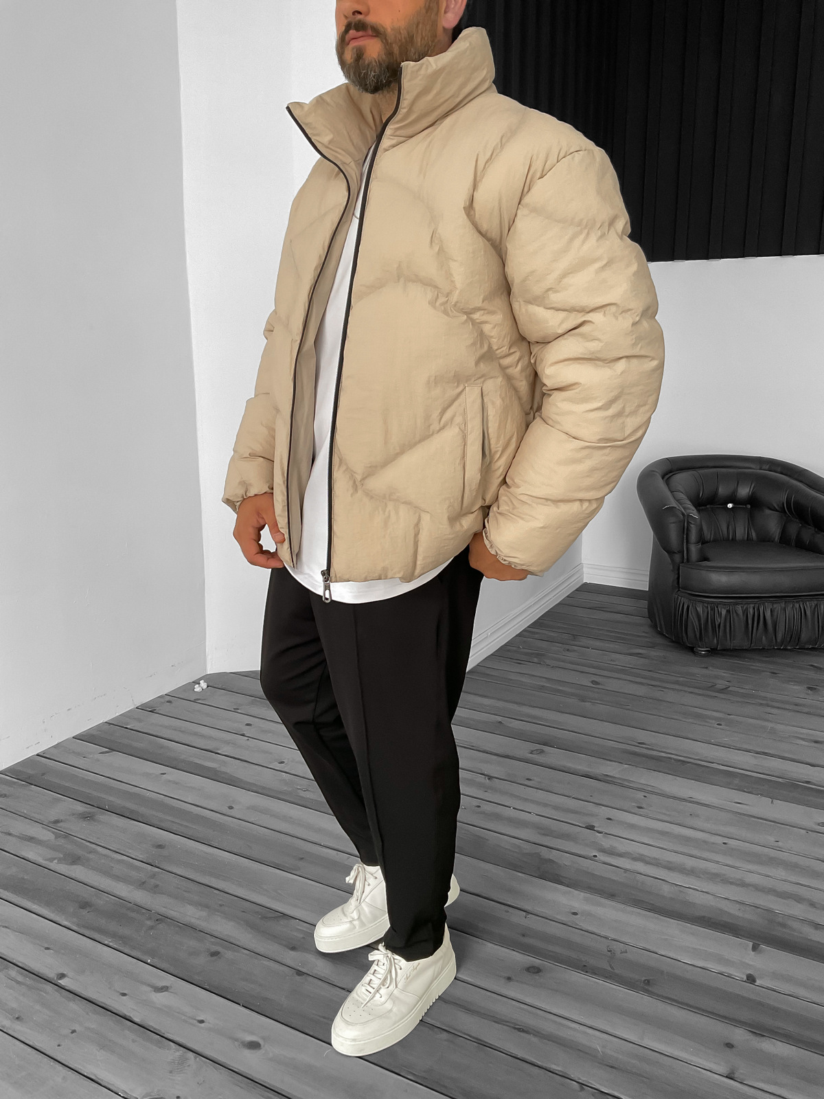 Bej Beli Stoper Şişme Mont B-4001