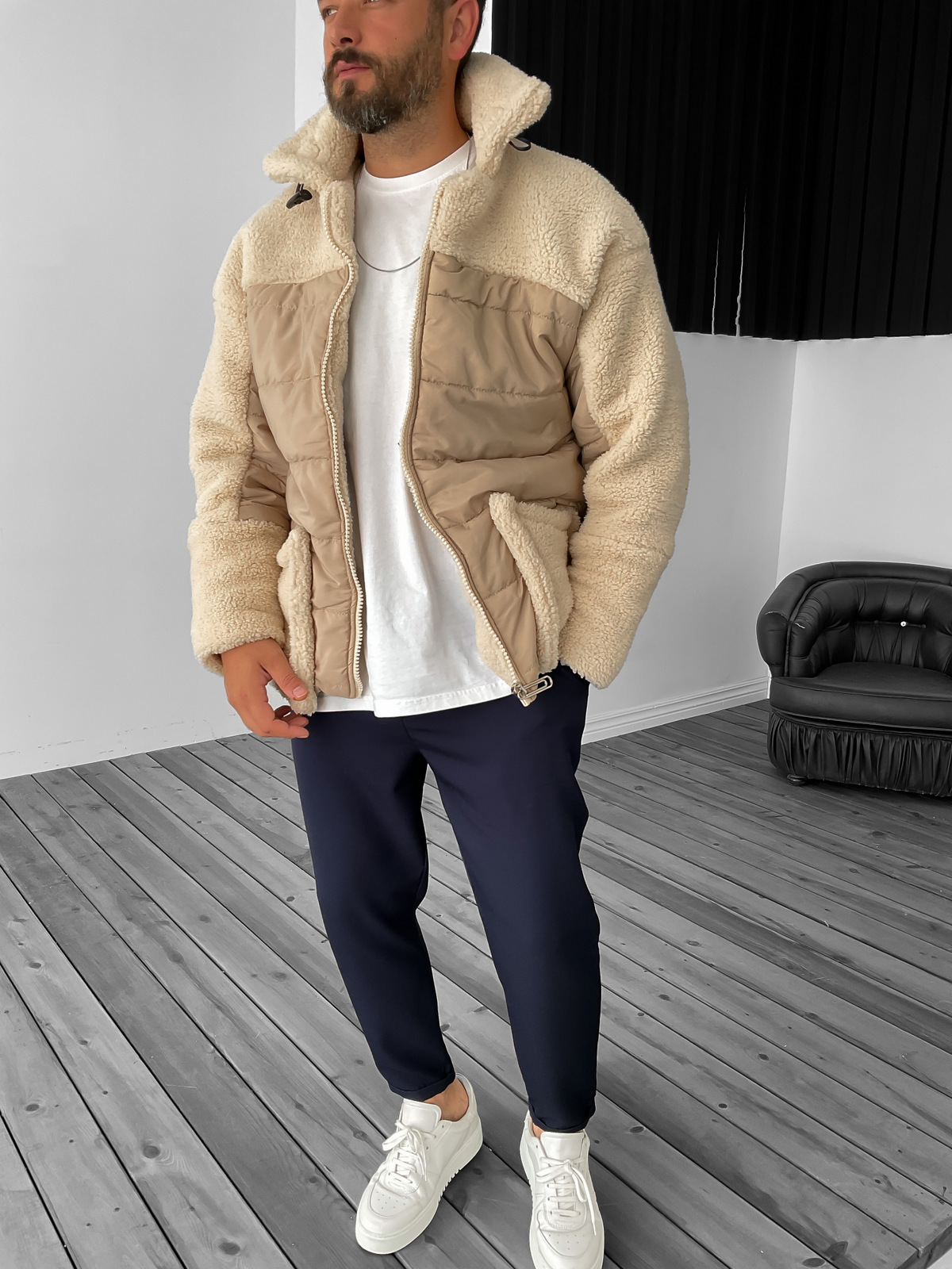 Bej Peluş Cepli Fermuarlı Ceket RC-2381