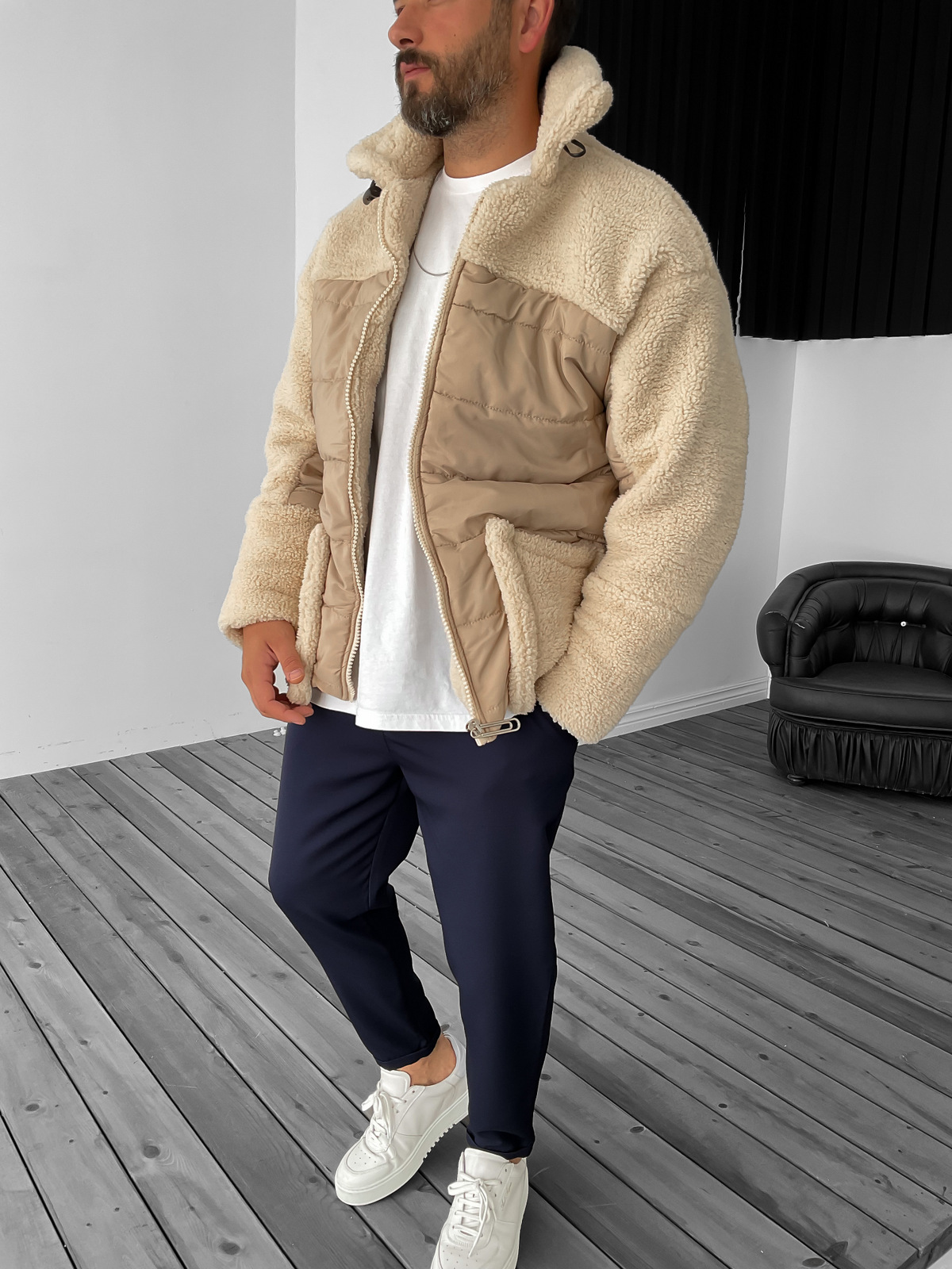 Bej Peluş Cepli Fermuarlı Ceket RC-2381